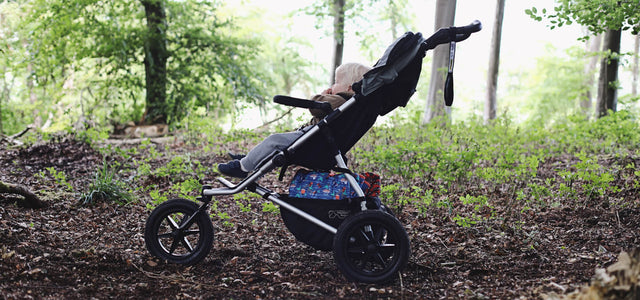 toddler enjoying outdoors forest trees sitting in 3 wheel baby buggy from mountain buggy