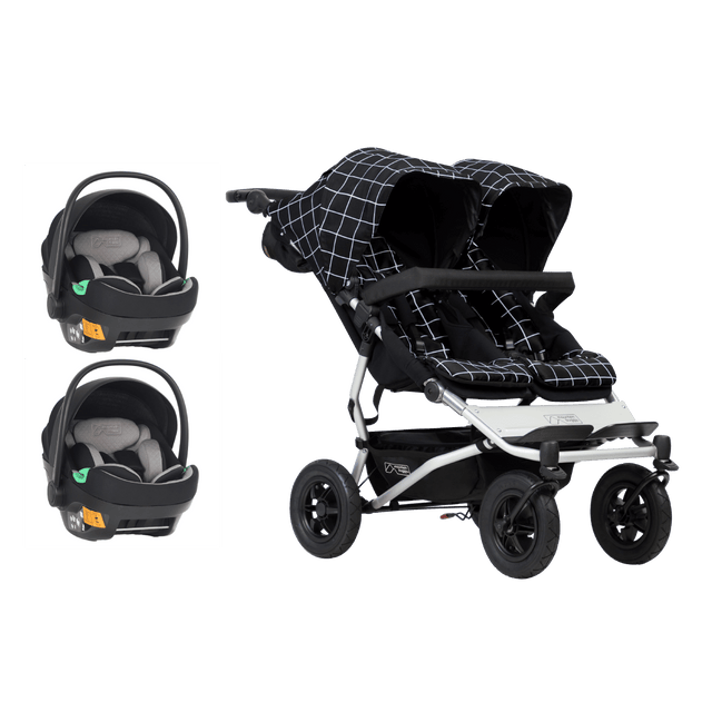 Mountain Buggy duet buggy stroller travel system bundle showing buggy and two protect infant car seats