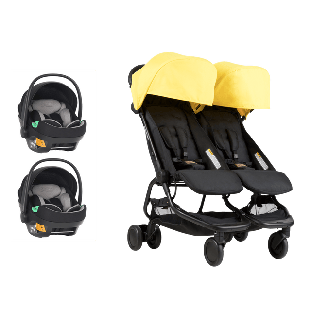 Mountain Buggy nano duo buggy with two protect infant car seats showing the travel system bundle