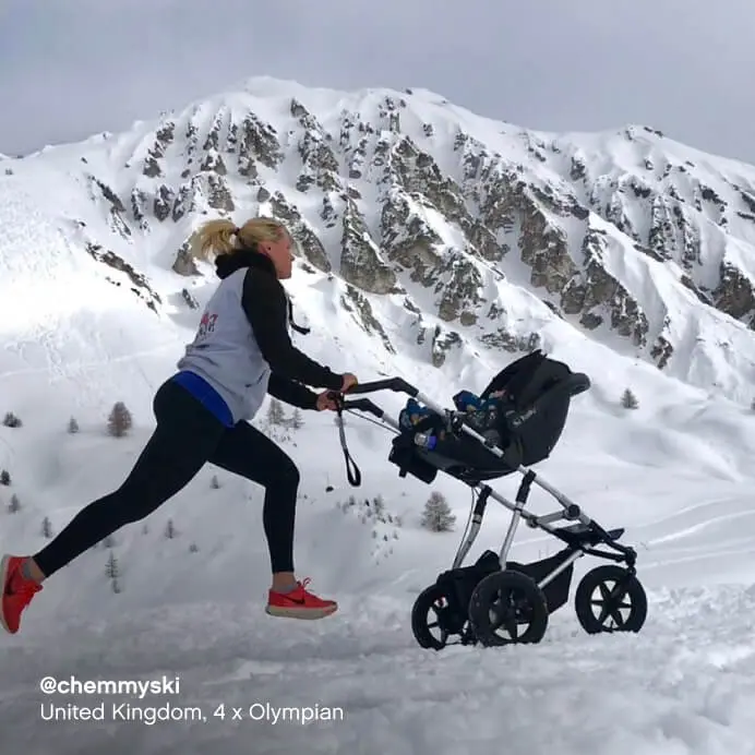 Mountain Buggy urban jungle pram with protect car seat – athlete running on alpine snow slope