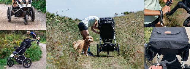 Photo montage of woman running on beach and trails while pushing her child in a terrain™ buggy - Julia Davis Influencer for Mountain Buggy®