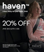 cool kid safely belted into the haven i-Size car seat booster - Mountain Buggy haven™ pilot Meredith Featherstone, mother of three, Foxton Beach, New Zealand