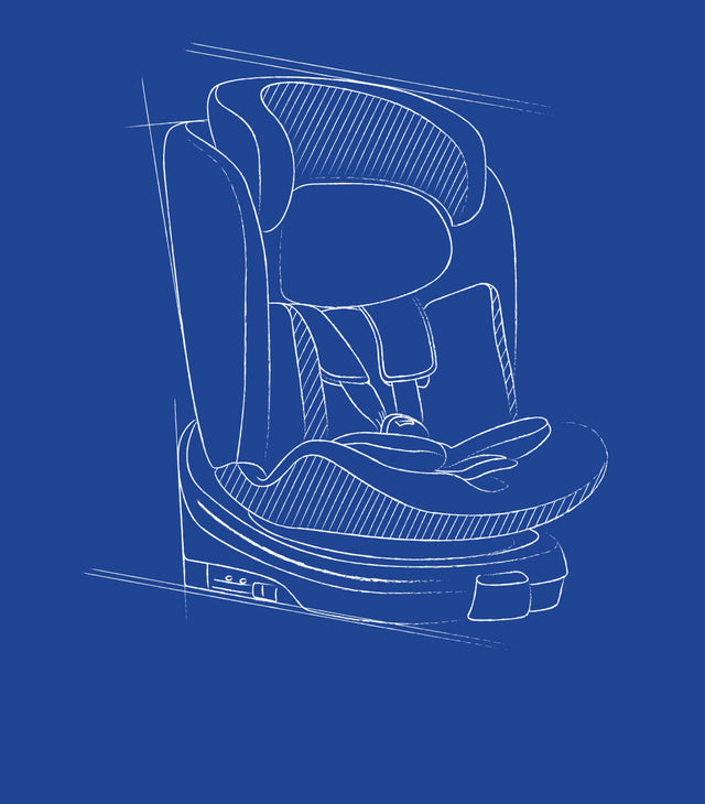 Blueprint sketch of convertible child car seat that can rotate and tilt to fit your baby or toddler - drive your kids in safety with Mountain Buggy Safe Rotate, Protect™ infant capsule and Haven™ booster carseats