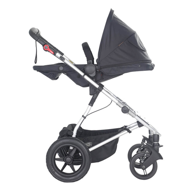 mountain buggy cosmopolitan toddler layflat position one with extended sunhood - parent facing side view - mountainbuggy.com - fabric colour_black