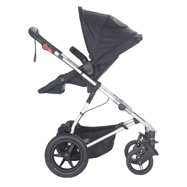 mountain buggy cosmopolitan toddler reclining position three with extended sunhood - parent facing side view - mountainbuggy.com - fabric colour_black