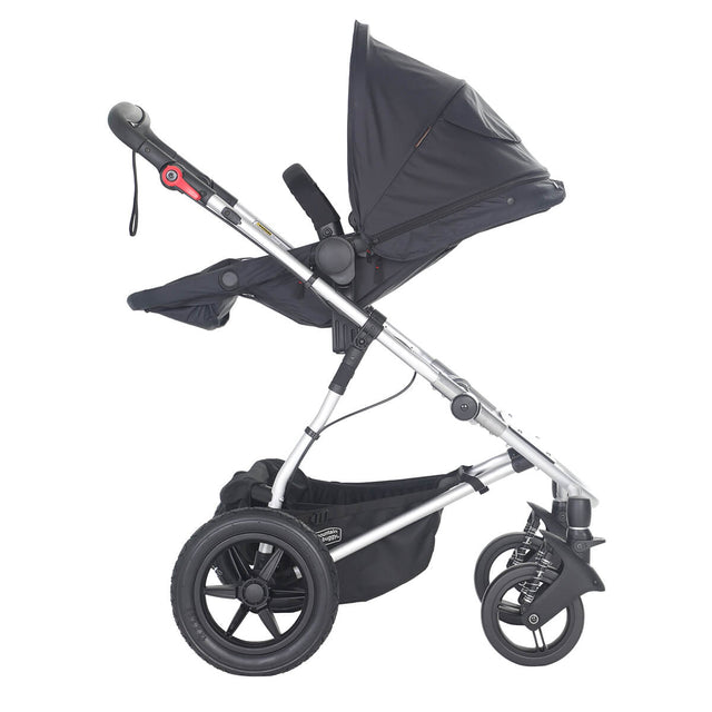 mountain buggy cosmopolitan toddler recline position two with extended sunhood - parent facing side view - mountainbuggy.com - fabric colour_black