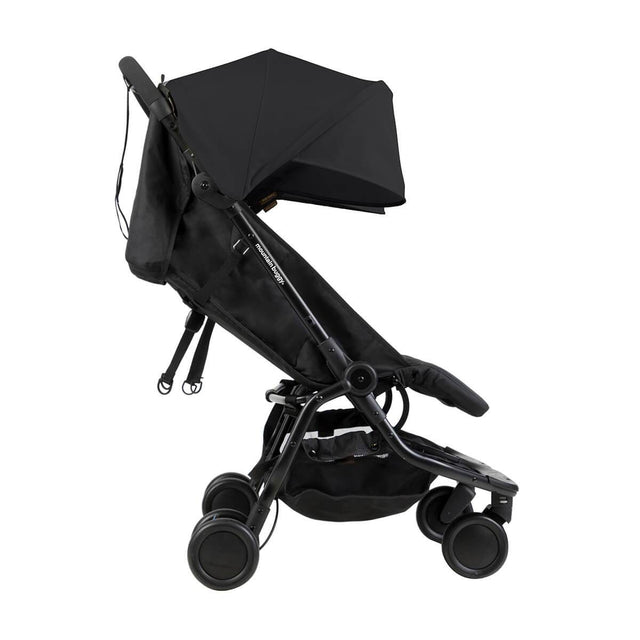 Mountain Buggy nano duo double lightweight buggy side view with seat reclined in colour black_black