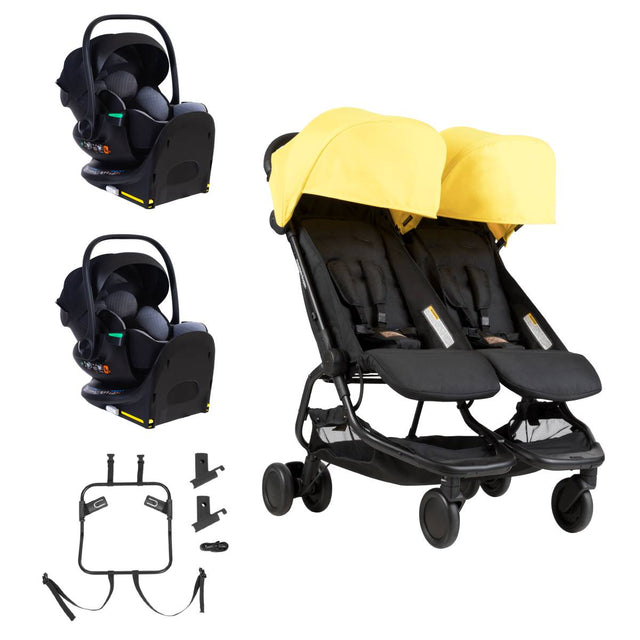 Mountain Buggy nano duo buggy with two protect infant car seats showing the travel system bundle