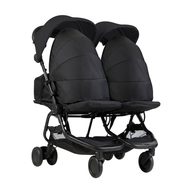 Mountain Buggy nano duo double lightweight buggy fitted with two newborn cocoons in colour black_black