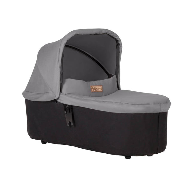 mountain buggy swift and mini carrycot plus in lie flat mode 3/4 view shown in color silver_silver