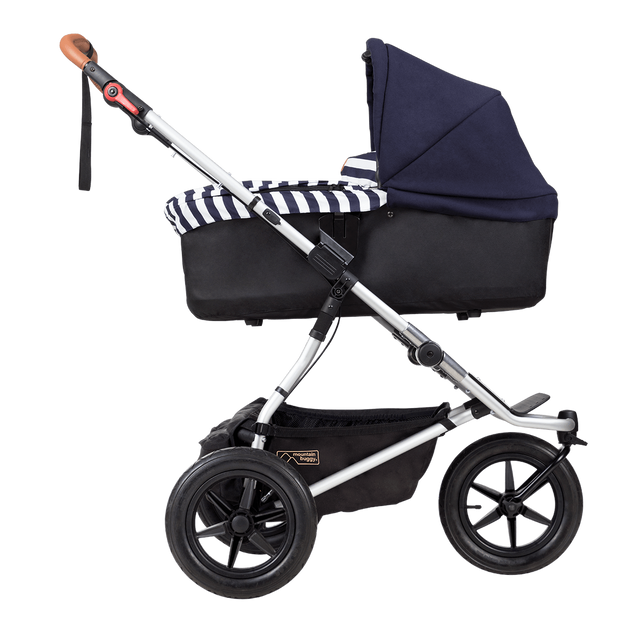 Mountain Buggy carrycot plus on urban jungle buggy in lie flat mode in colour nautical_nautical