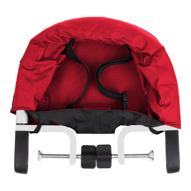 mountain buggy pod portable high chair in chilli red colour clips onto table_chilli