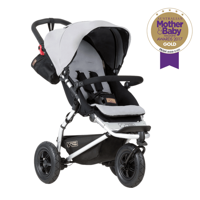 mountain buggy award winning swift compact buggy 3qtr view shown in color silver_silver