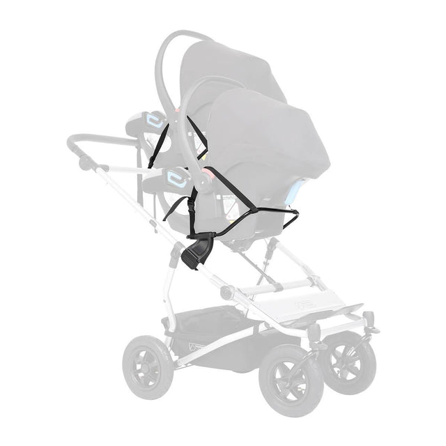 Mountain Buggy two universal car seat adaptors shown attached to duet buggy frame with two infant car seats attached securely colour default_default