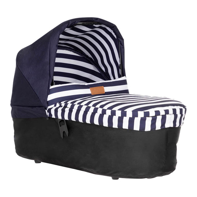carrycot plus shown  with black fabric base and luxury freanch nautical blue and whote striped cover and hood lining with matching nautical blue hood exterior_nautical