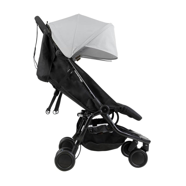 Mountain Buggy nano duo double lightweight buggy side view with seat reclined in colour silver_silver
