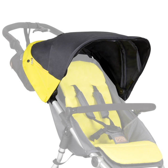 Mountain Buggy replacement sunhood for terrain stroller shown attached to buggy in colour yellow solus_solus