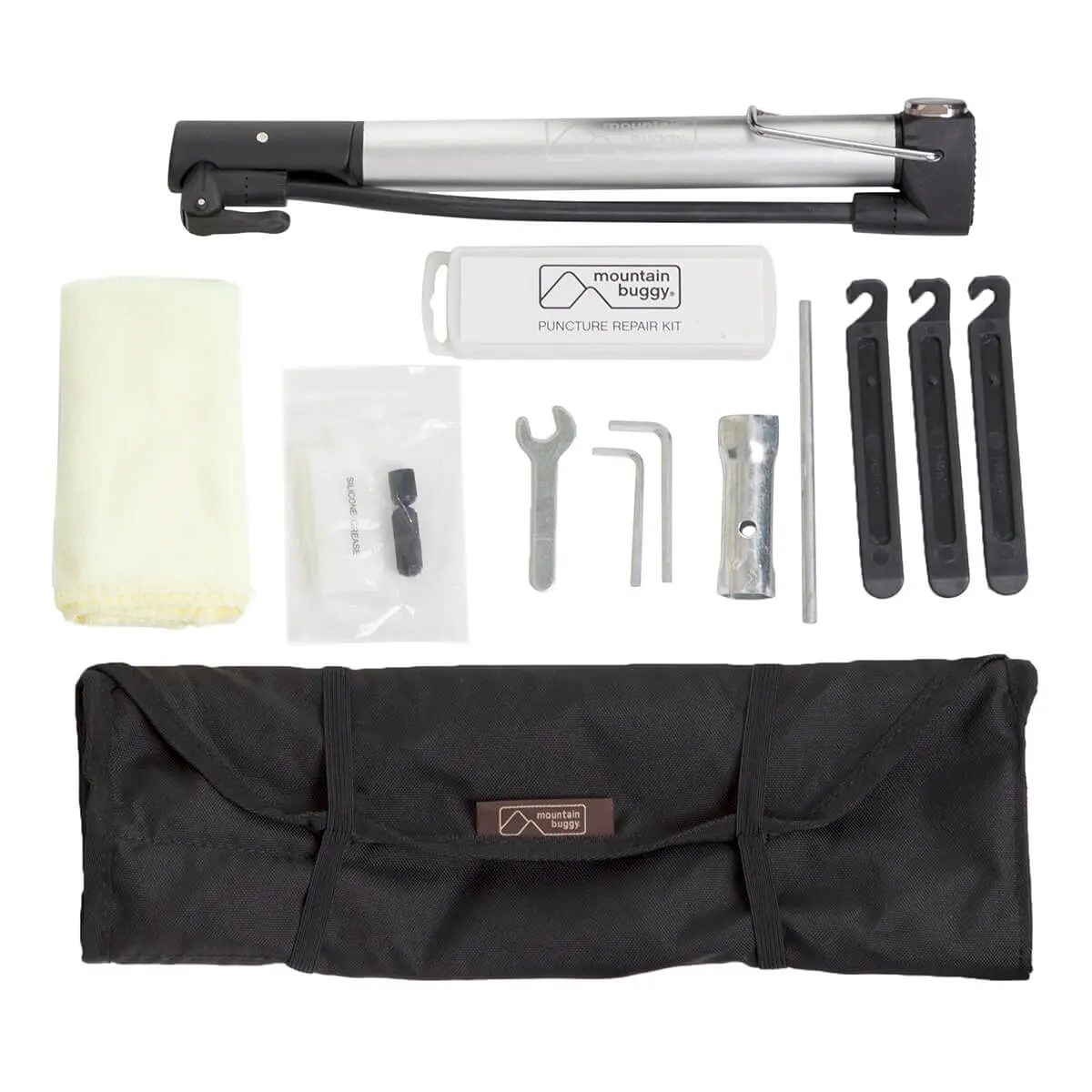 maintenance kit laid out flat with all tools visible