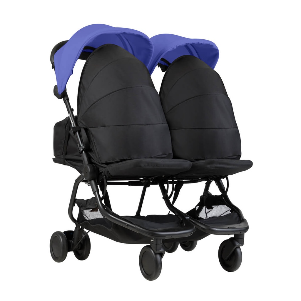 Mountain Buggy nano duo double lightweight buggy fitted with two newborn cocoons in colour blue_nautical blue