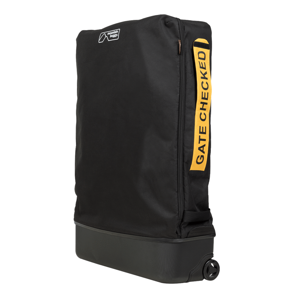 mountain buggy travel bag shown upright with gate checked label showing bag being taken to the plane door with KCCO logo_black