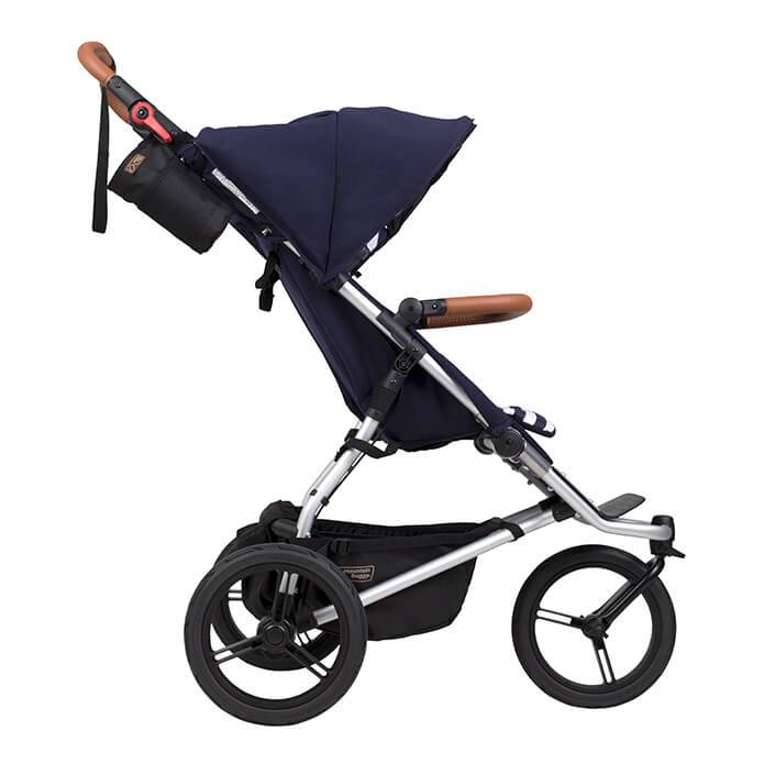 Mountain Buggy urban jungle luxury collection stroller in nautical blue and white stripe colour shown side on with upright seat position_nautical