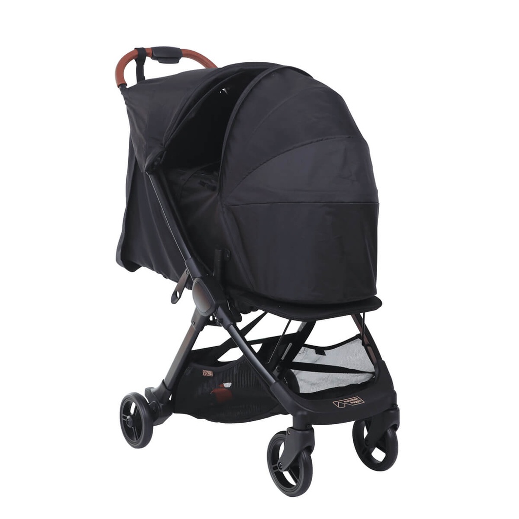 Mountain Buggy nano urban with small wheels with nano urban cocoon in three quarter view_black