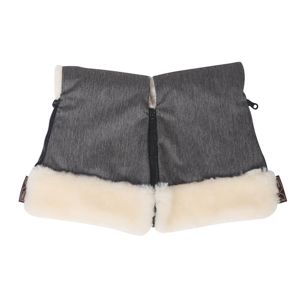 Mountain Buggy lambswool luxury hand muff in herringbone on plain white background zipped together