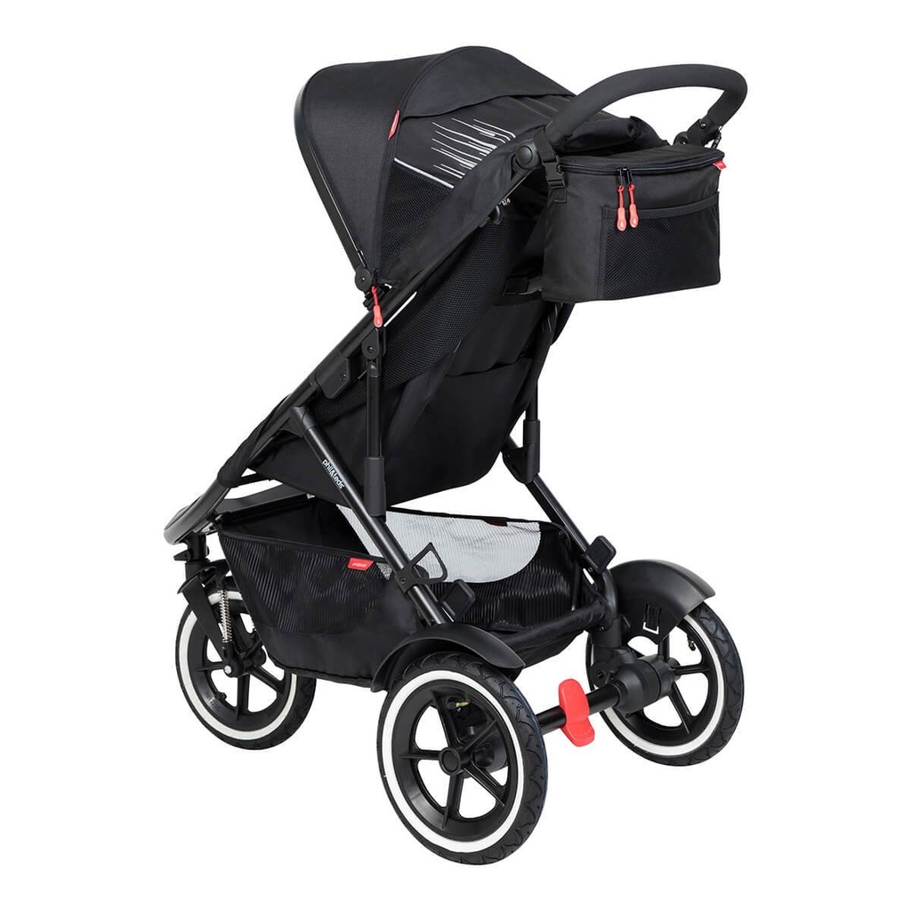 phil&teds caddy storage bag in black hanging on the sport handle bar 3/4 view